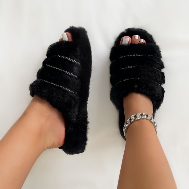 Snuggles Black Stripe Diamante Fluffy Slippers | SIMMI London