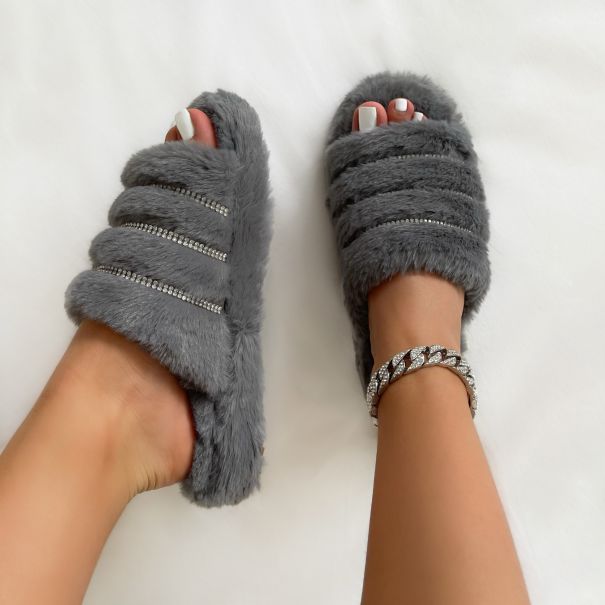 Snuggles Grey Stripe Diamante Fluffy Slippers | SIMMI London