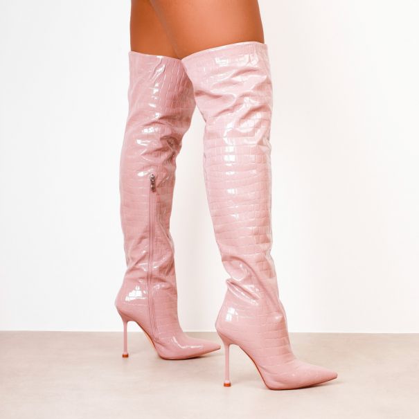 Solace Pink Patent Faux Croc Print Thigh High Boots | SIMMI London