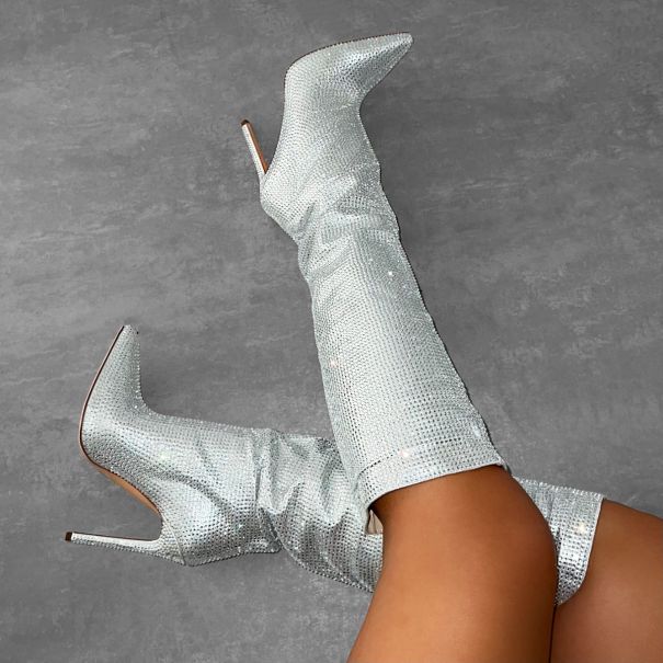 Dance Silver Diamante Stiletto Knee High Boots | SIMMI London