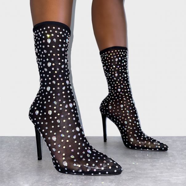 Sparki Black Mesh Diamante Stiletto Heels | SIMMI London