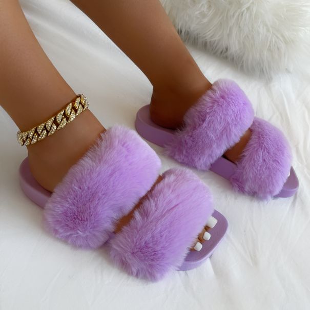SIMMI Shoes / Sugar Crush Lilac Fluffy Faux Fur Double Strap Slippers