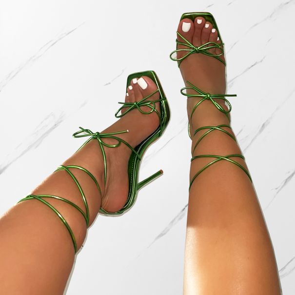 Sunniva Green Metallic Bow Detail Lace Up Heels | SIMMI London