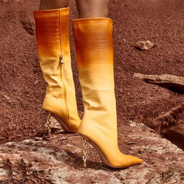 Sunset Orange Ombre Faux Croc Print Chain Knee High Boots | SIMMI London