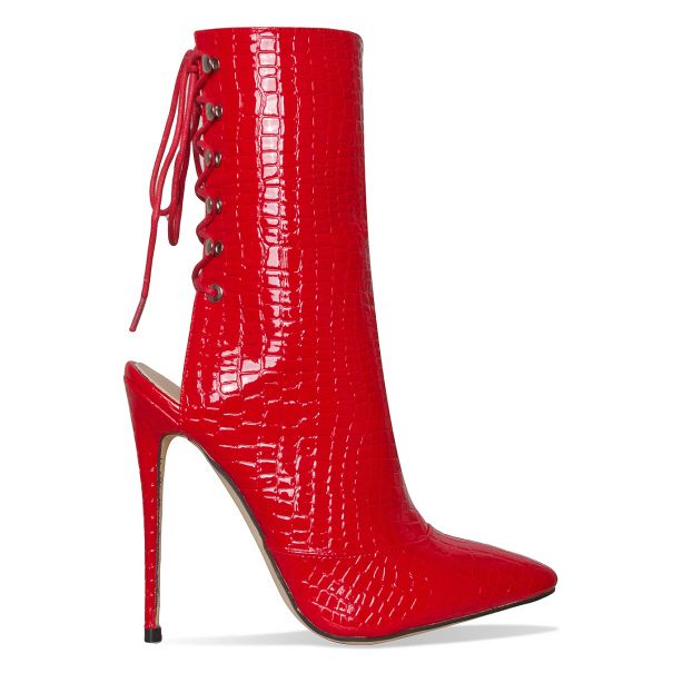 Selene Red Patent Croc Lace Up Pointed Toe Ankle Boots