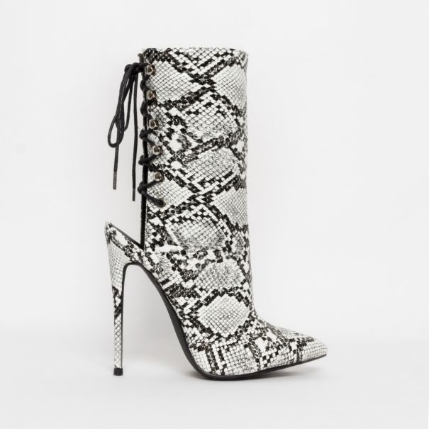 Selene Black and White Snake Lace Up Pointed Toe Ankle Boots