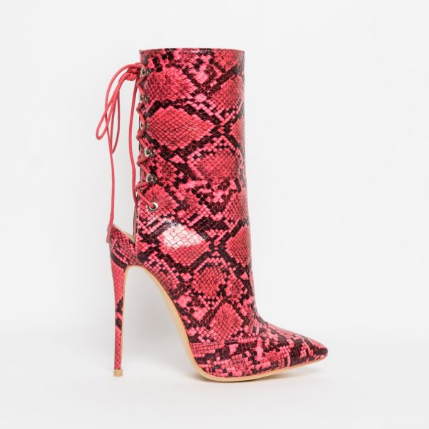 Selene Pink Snake Lace Up Pointed Toe Ankle Boots