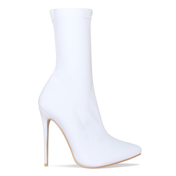 Jadah White Lycra Pointed Toe Ankle Boots