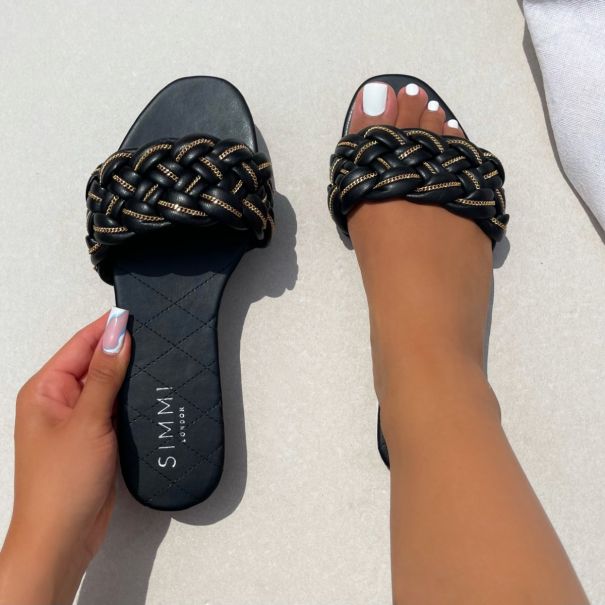 Sydney Black Woven Chain Detail Flat Sandals | SIMMI London