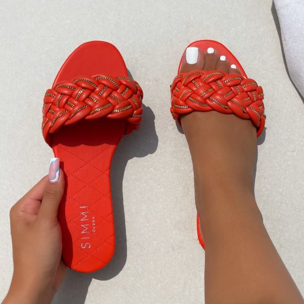 Sydney Coral Woven Chain Detail Flat Sandals | SIMMI London