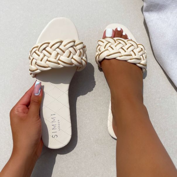 Sydney Cream Woven Chain Detail Flat Sandals | SIMMI London