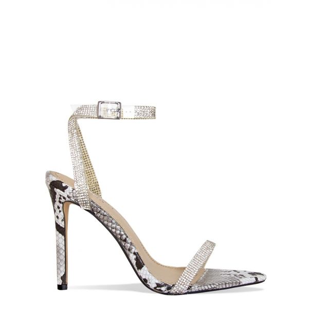 Trixie Black and White Snake Clear Diamante Heels