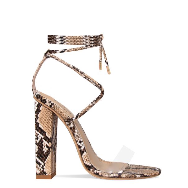 Tifany Beige Snake Clear Lace Up Block Heels