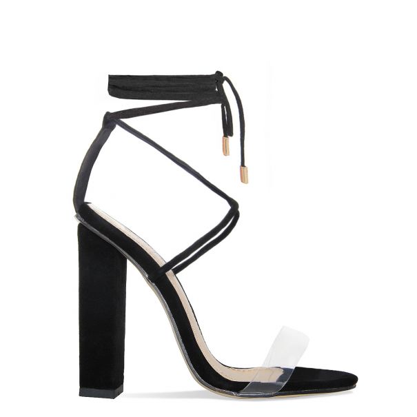 Tifany Black Suede Clear Lace Up Block Heels