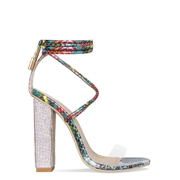 Karla Turquoise Multi Snake Clear Lace Up Diamante Heels