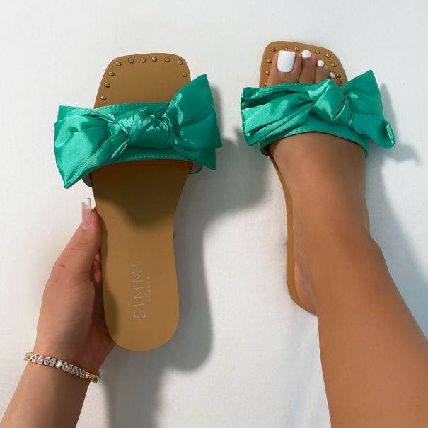 Ailana Green Bow Stud Detail Flat Sandals | SIMMI London
