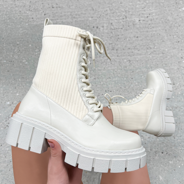 Tayla Cream Knit Lace Up Chunky Ankle Boots | SIMMI London