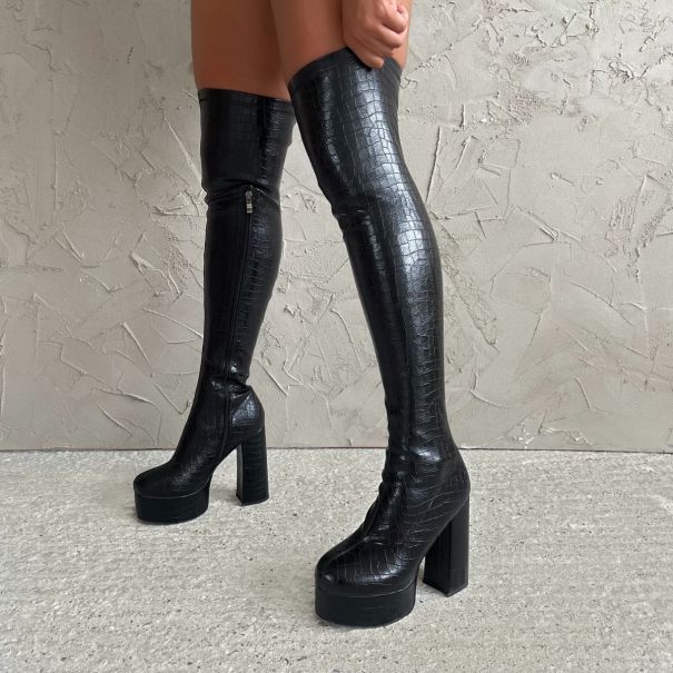 Teresa Black Faux Croc Print Platform Block Heel Thigh High Boots | SIMMI London