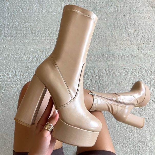 Taryn Nude Platform Block Heel Ankle Boots | SIMMI London