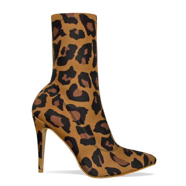 Leileta Leopard Lycra Pointed Toe Ankle Boots