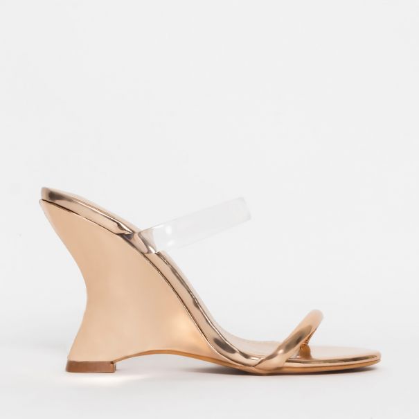Tina Clear Rose Gold Wedge Mules