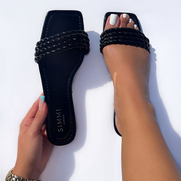 Tinsley Black Patent Twist Strap Flat Sandals | SIMMI London