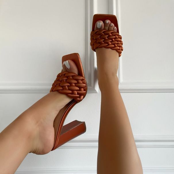 SIMMI Shoes / Trishelle Brown Woven Satin Block Heel Mules
