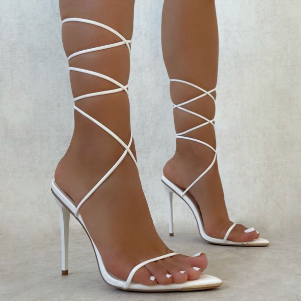 Vivia White Lace Up Metal Toe Cap Stiletto Heels | SIMMI London