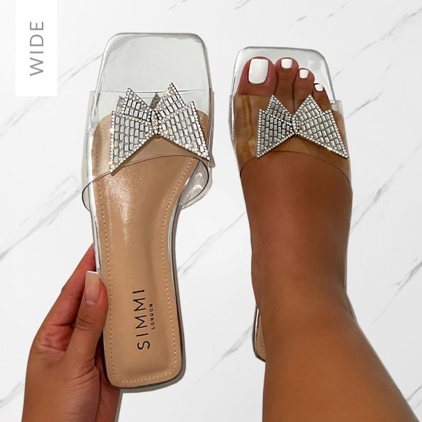 Uma Wide Fit Silver Clear Diamante Butterfly Flat Sandals | SIMMI London