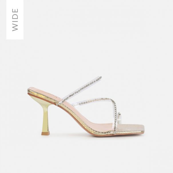 Ninah Wide Fit Light Gold Faux Snake Print Clear Diamante Mid Heels | SIMMI London