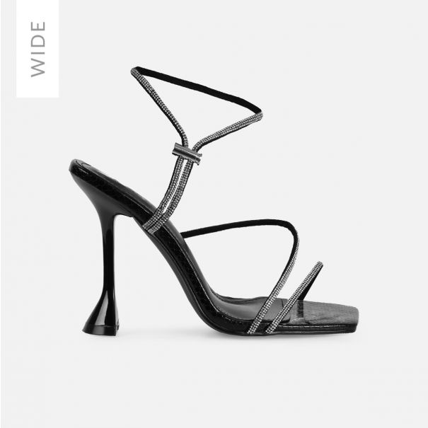 Asmara Wide Fit Black Faux Snake Print Diamante Toggle Heels | SIMMI London