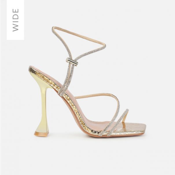 Asmara Wide Fit Gold Faux Snake Print Diamante Toggle Heels | SIMMI London