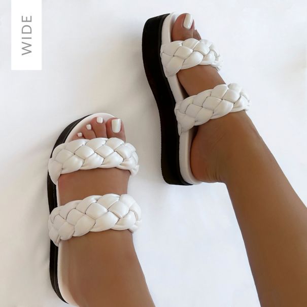 Gael Wide Fit White Two Part Woven Strap Flatform Sandals | SIMMI London