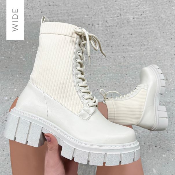Neo Wide Fit Cream Lace Up Chunky Ankle Boots | SIMMI London