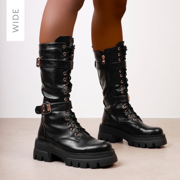 Mateo Wide Fit Black Buckle Lace Up Chunky Calf Boots | SIMMI London