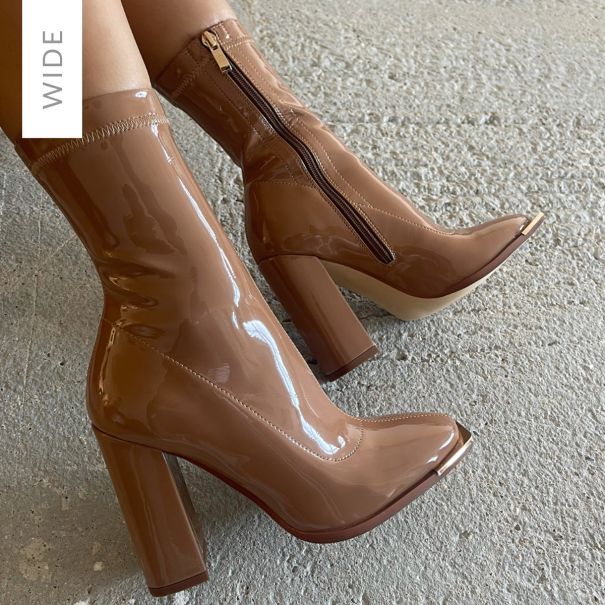 Arielle Wide Fit Tan Patent Metal Toe Cap Block Heel Ankle Boots | SIMMI London