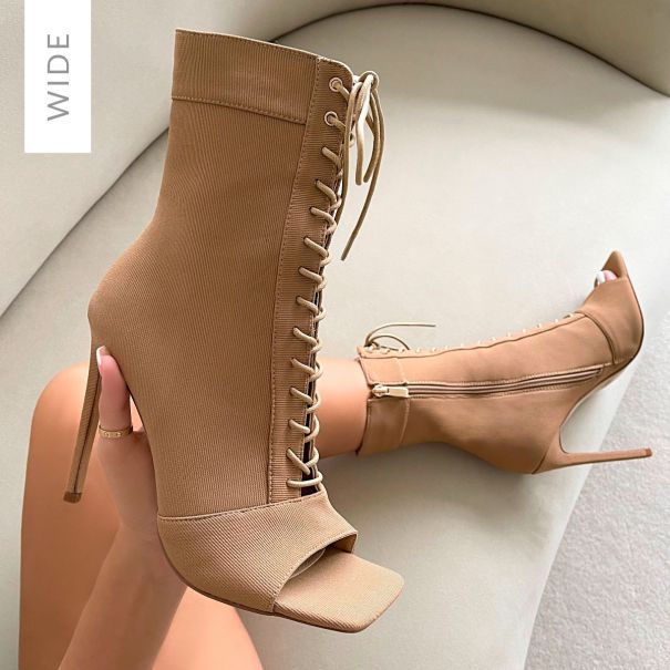 Sky Wide Fit Nude Knit Lace Up Peep Toe Ankle Boots | SIMMI London