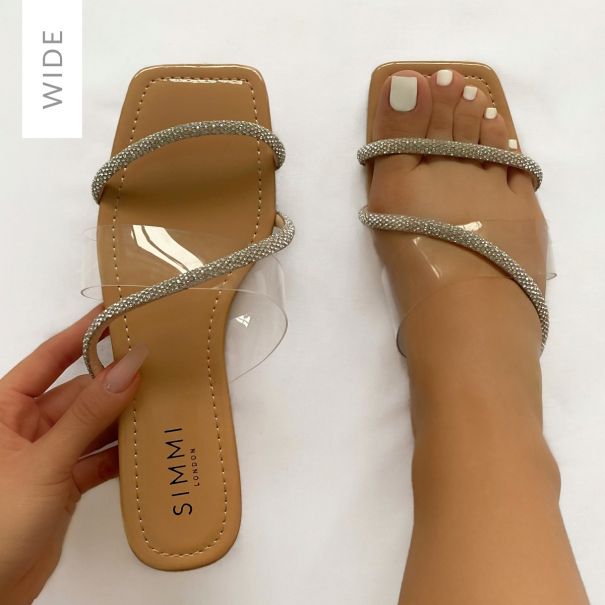 Madelyn Wide Fit Nude Patent Clear Diamante Strap Sandals | SIMMI London