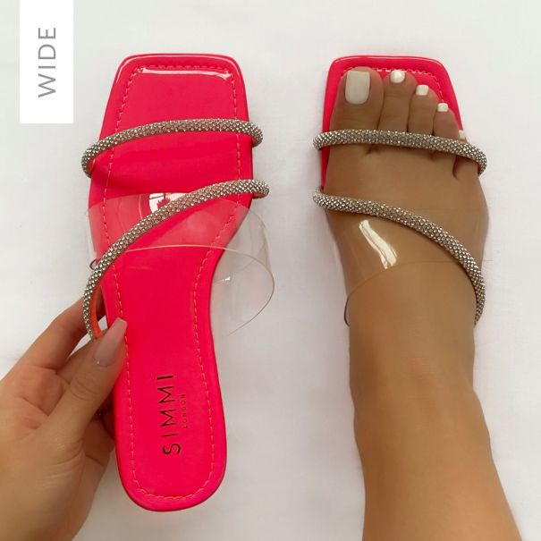 SIMMI Shoes / Madelyn Wide Fit Pink Patent Clear Diamante  Strap Sandals