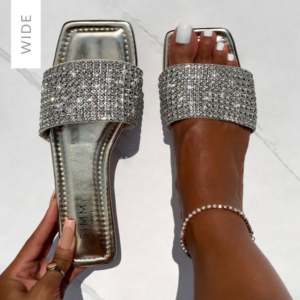 Azura Wide Fit Gold Diamante Sliders | SIMMI London