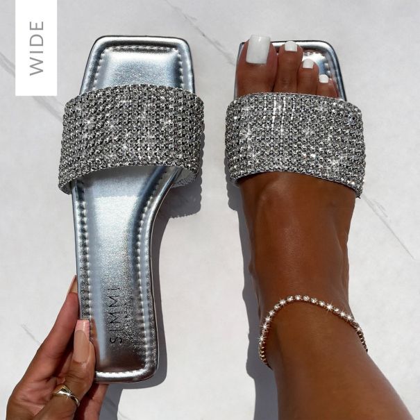 Azura Wide Fit Silver Diamante Sliders | SIMMI London