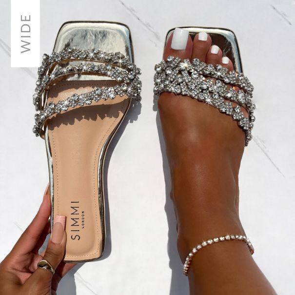 Capri Wide Fit Gold Mirror Diamante Flat Sandals | SIMMI London