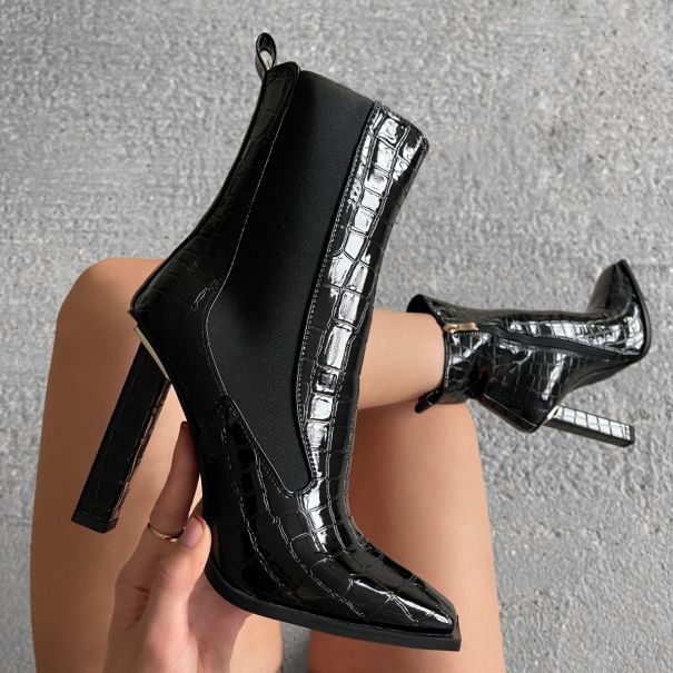 Yara Black Patent Faux Croc Print Block Heel Ankle Boots | SIMMI London
