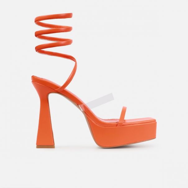 Yolanda Orange Spiral Clear Platform Block Heels | SIMMI London