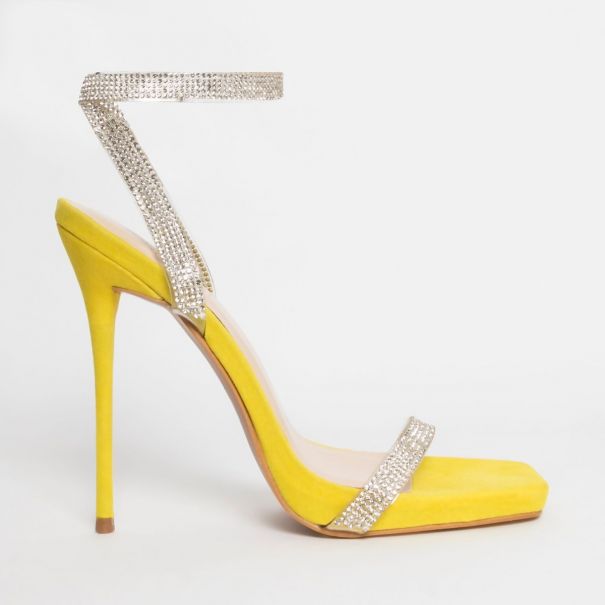 Laurel Yellow Suede Clear Diamante Square Toe Heels