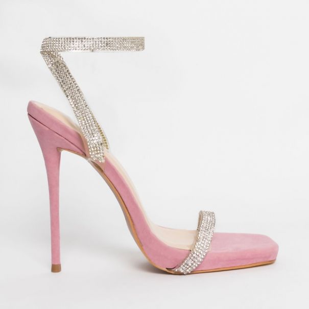 Laurel Pink Suede Clear Diamante Square Toe Heels