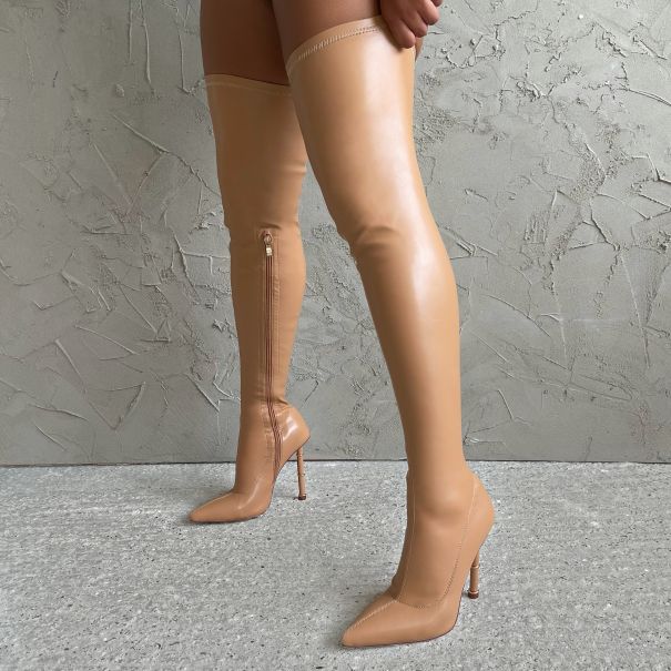 Zahra Nude Stretch Pointed Toe Thigh High Boots | SIMMI London
