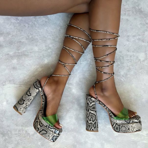 Zenith Green Clear Faux Snake Print Lace Up Platform Block Heels | SIMMI London