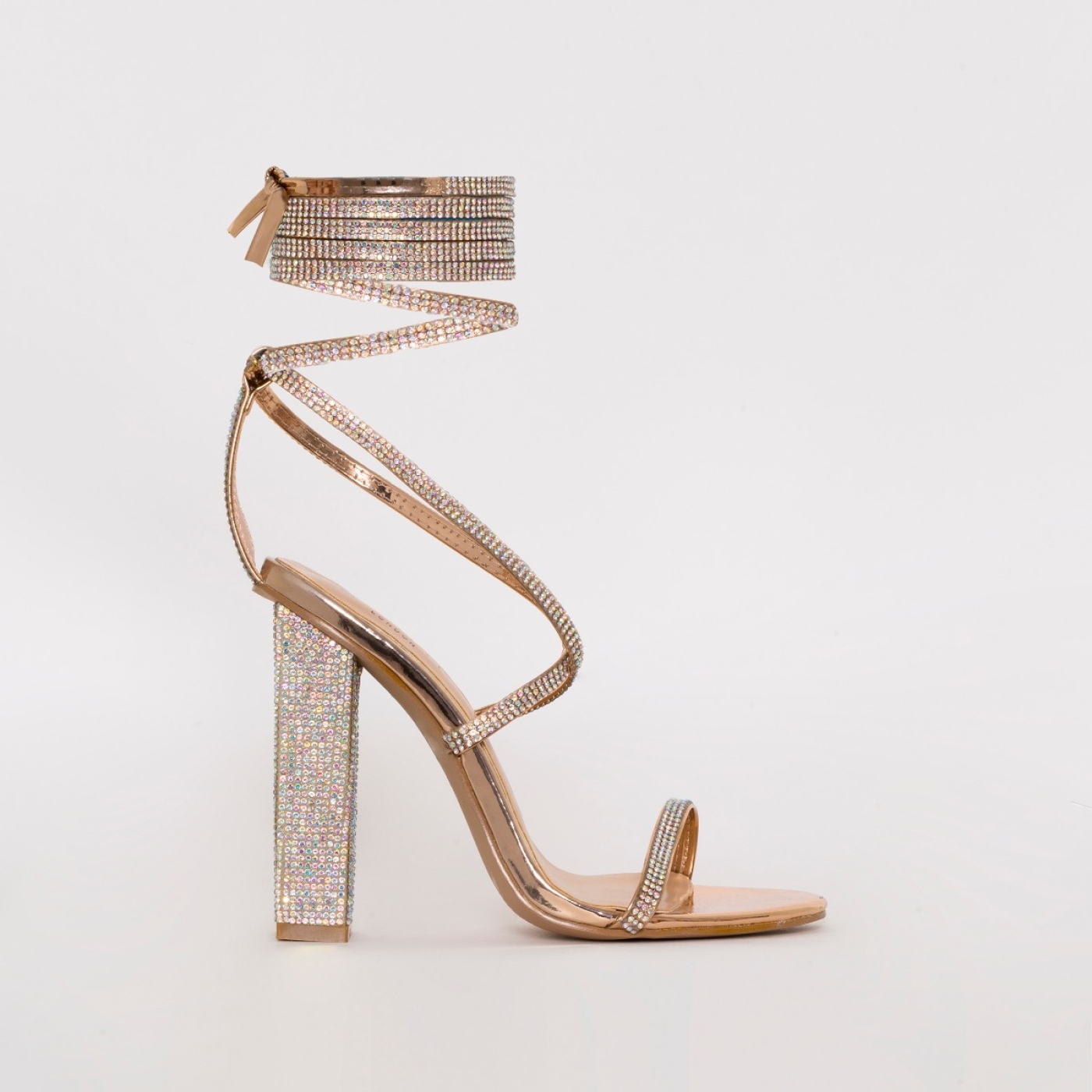 Aisha Rose Gold Mirror Lace Up Diamante Block Heels | SIMMI London
