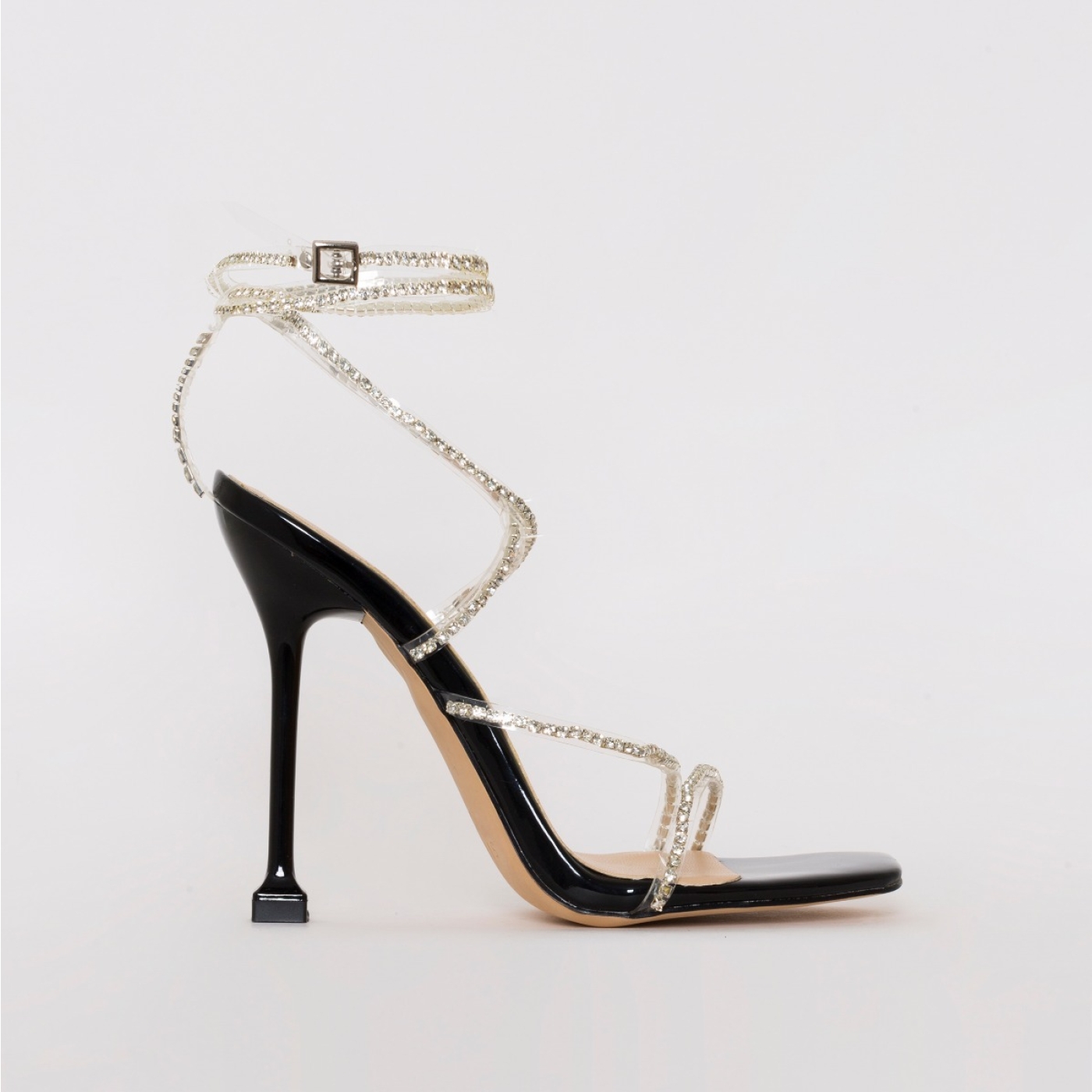 Chantel Black Patent Clear Diamante Strappy Heels
